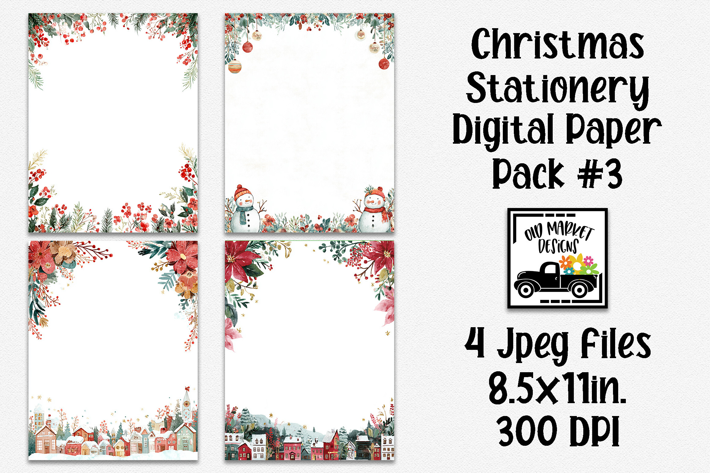 Christmas Writing Paper: Four Watercolor Letterheads with Santa and Village Details original product preview
