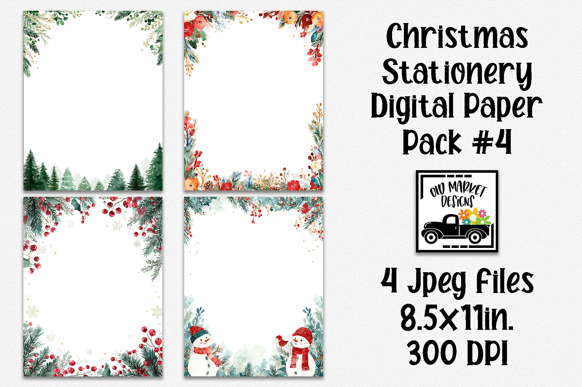 Christmas Writing Paper: Four Watercolor Letterheads with Trees and Winter Borders original product preview