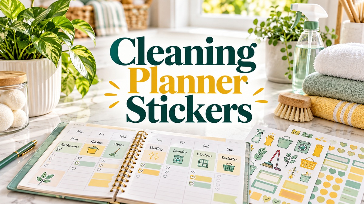 Cleaning Planner Stickers with realistic planner and themed stationery
