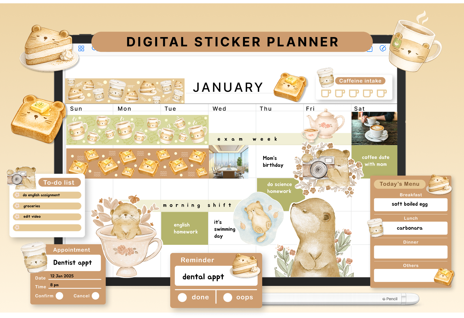 coffee planner stickers: Pre-Cropped Bear and Coffee PNGs for Digital Planning original product preview