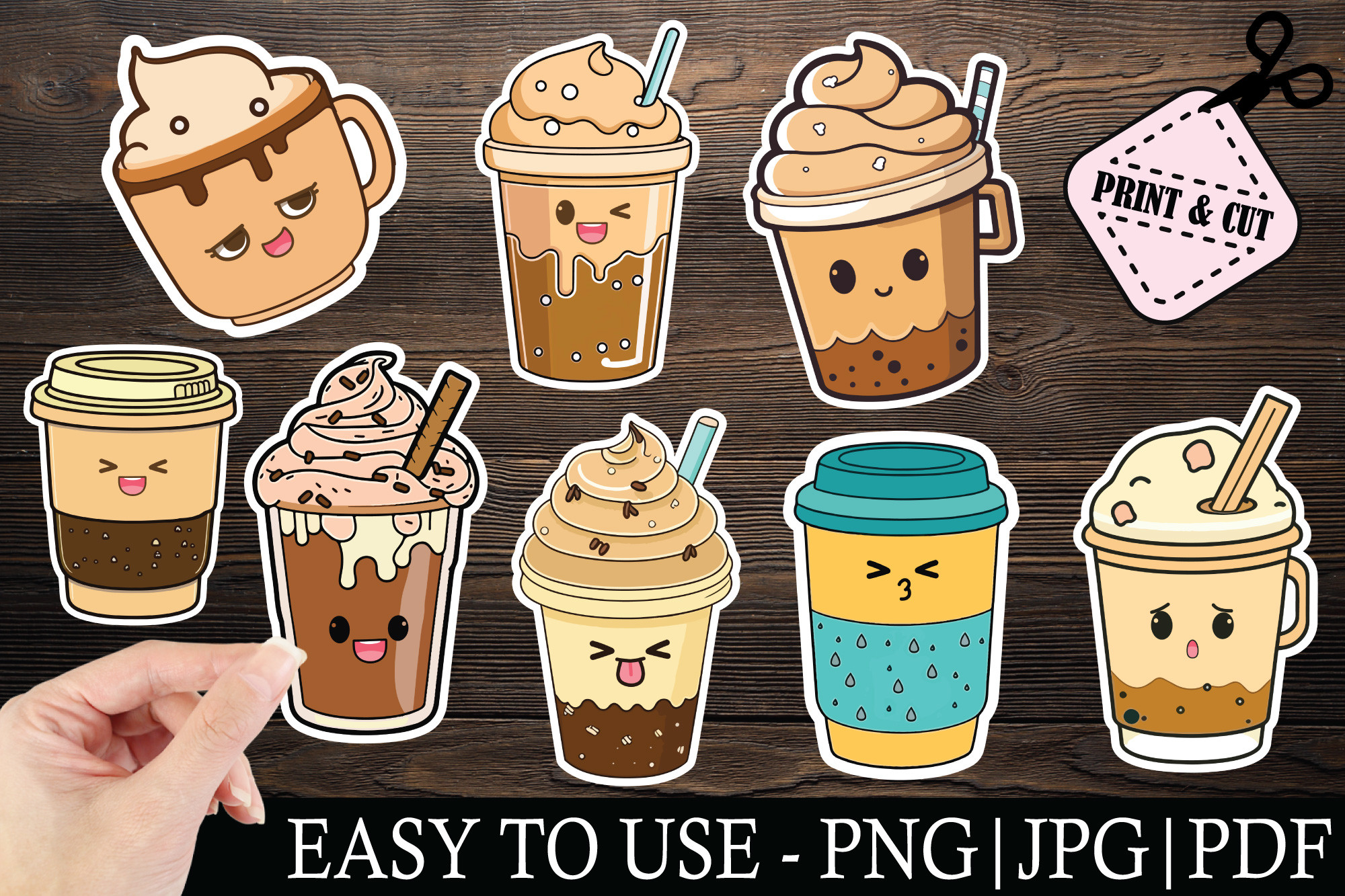 coffee planner stickers: Eight Kawaii Coffee Designs with Hand-Cut Sheet Files original product preview