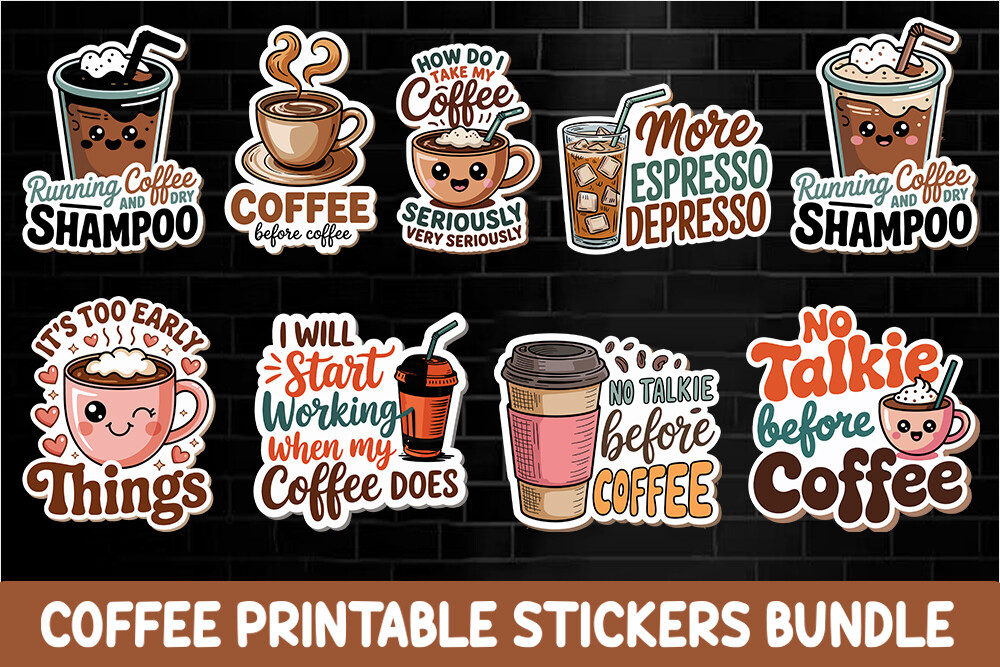 coffee planner stickers: Nine Coffee Designs with PNG and Vector Cutting Formats original product preview