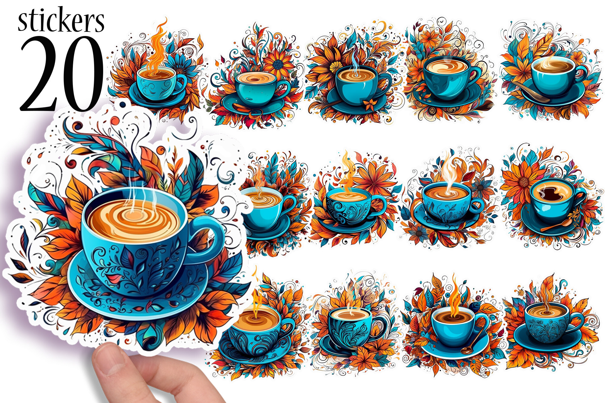 coffee planner stickers: Twenty Floral Coffee Designs Across Four Letter Sheets original product preview
