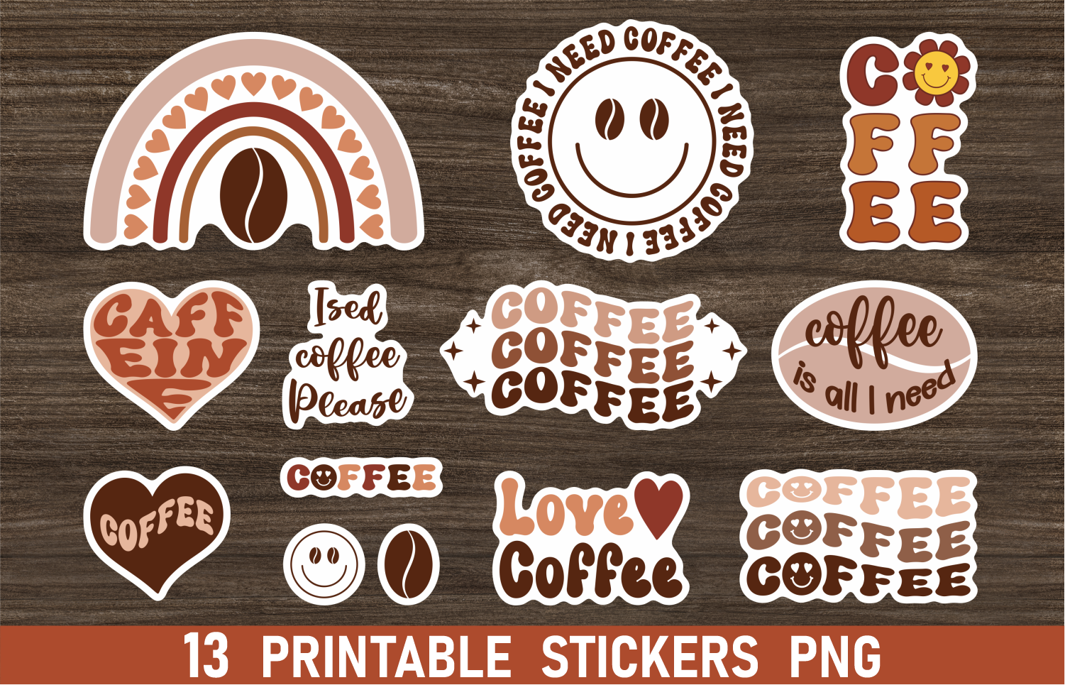 coffee planner stickers: Thirteen Retro Coffee PNGs with A4 and A5 Sheet Options original product preview