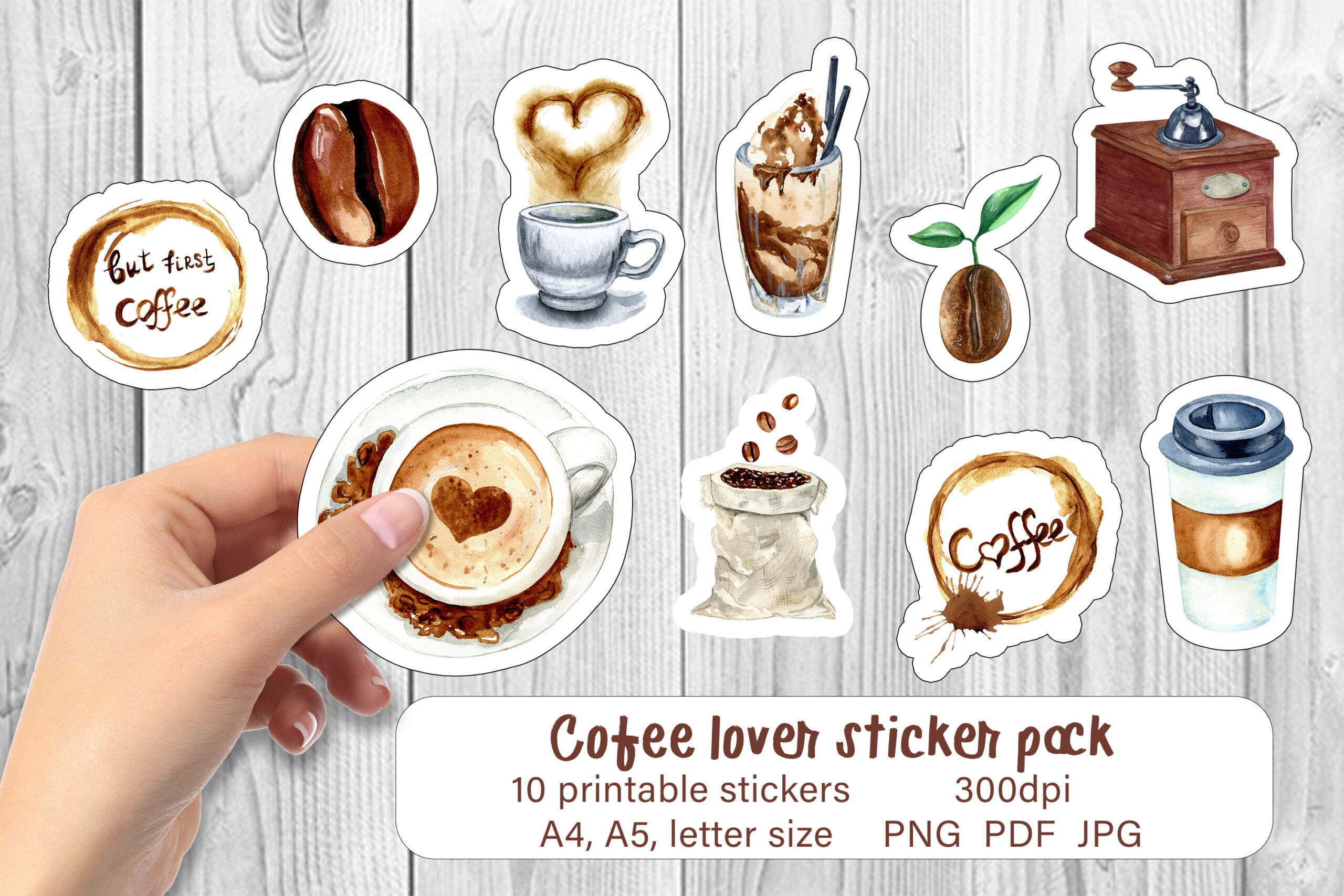 coffee planner stickers: Ten Watercolor Coffee Stickers in Three Paper Sizes original product preview