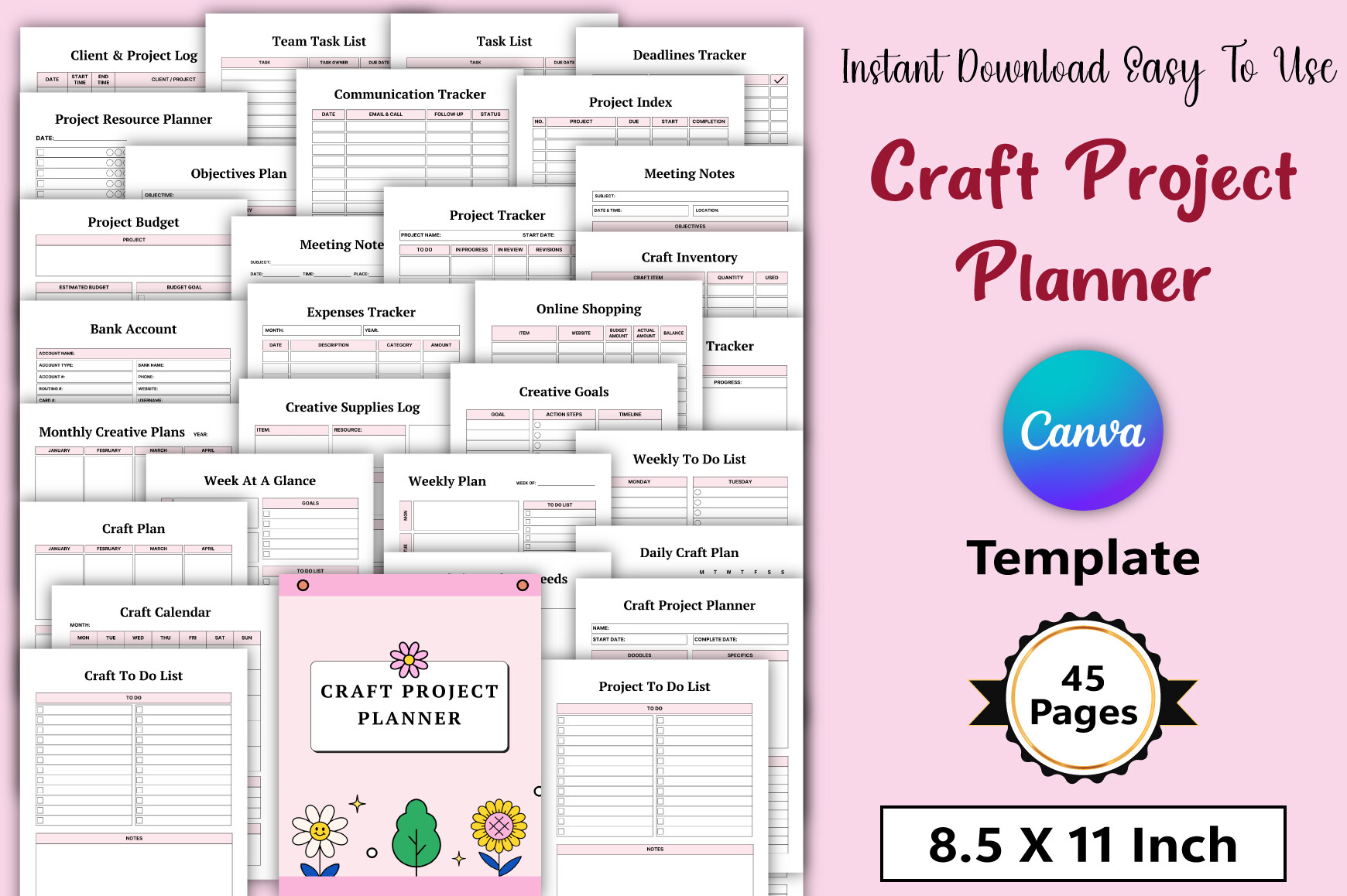 craft project planner: Forty-Five-Page Canva Planner with Project and Supply Logs original product preview