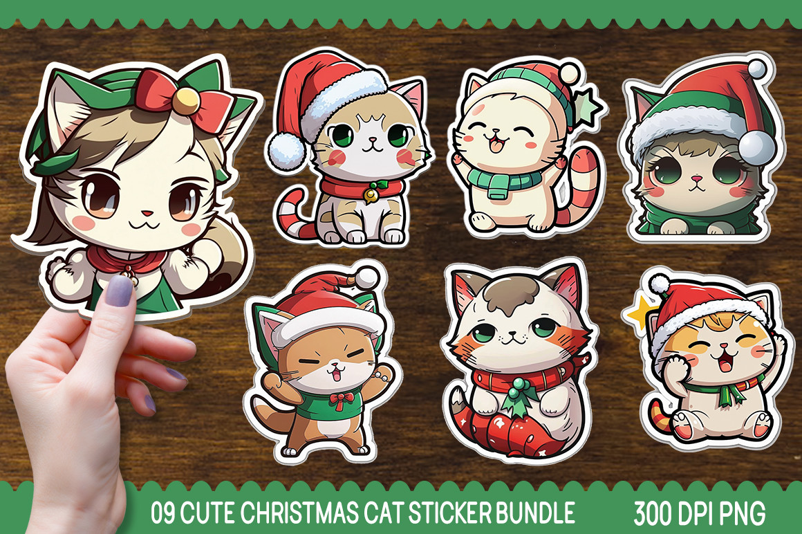 Christmas Cat Stickers: Cute Cartoon Cats with Several Workflow Files original product preview