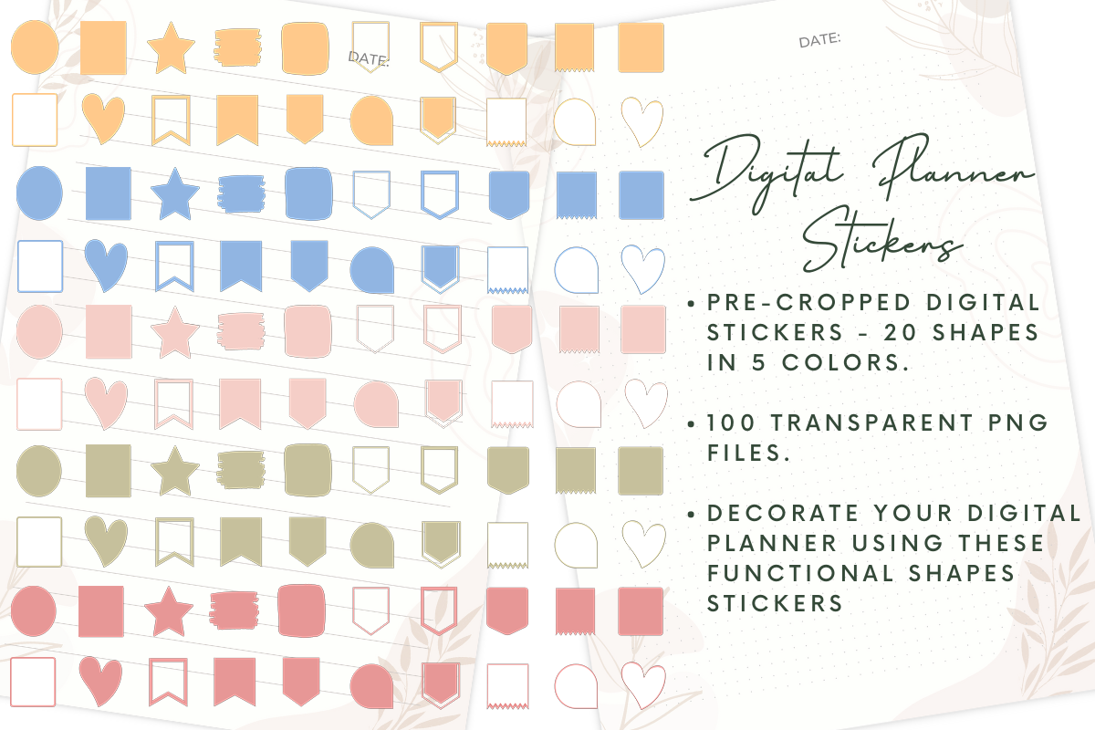 Digital Planner Stickers: 100 Precropped Functional Digital Stickers