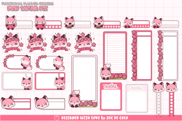 Digital Planner Stickers: Pink Sakura Fox Stickers with a Goodnotes File