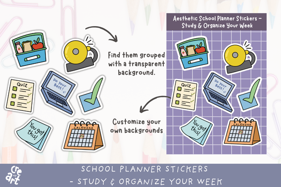 Digital Planner Stickers: School Planner Stickers with Seven Individual PNGs