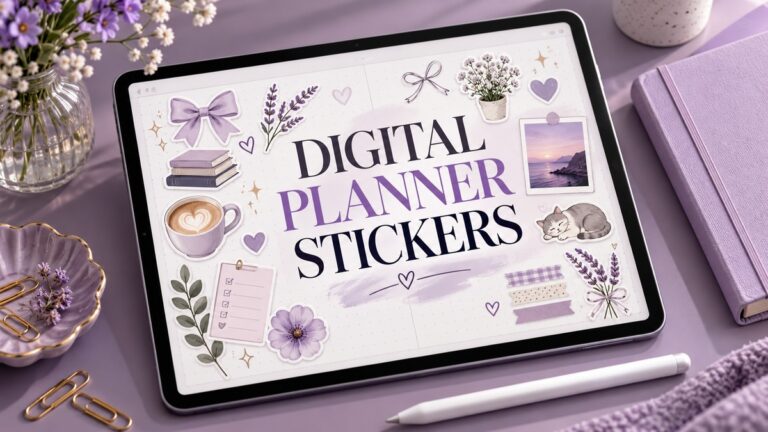 Digital Planner Stickers on a realistic themed planning workspace