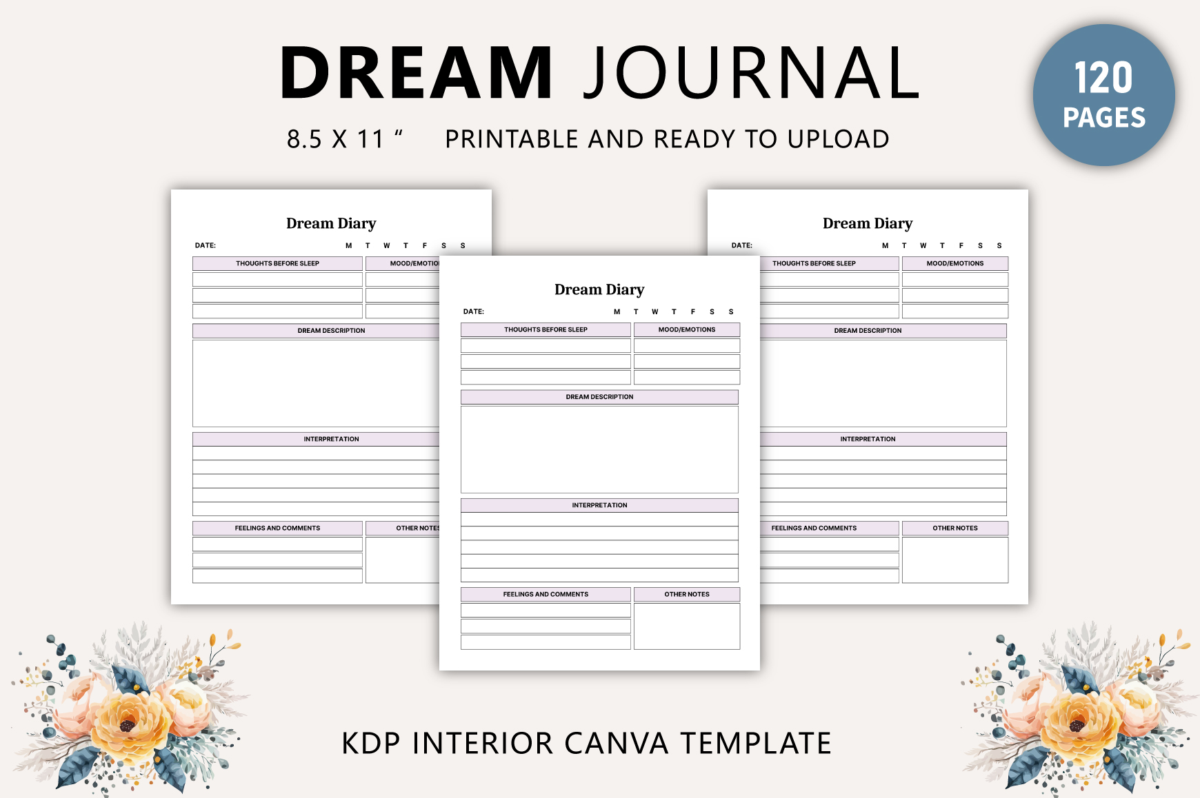 dream journal templates: 120-Page Canva Dream Journal by Tabiya Studio original product preview