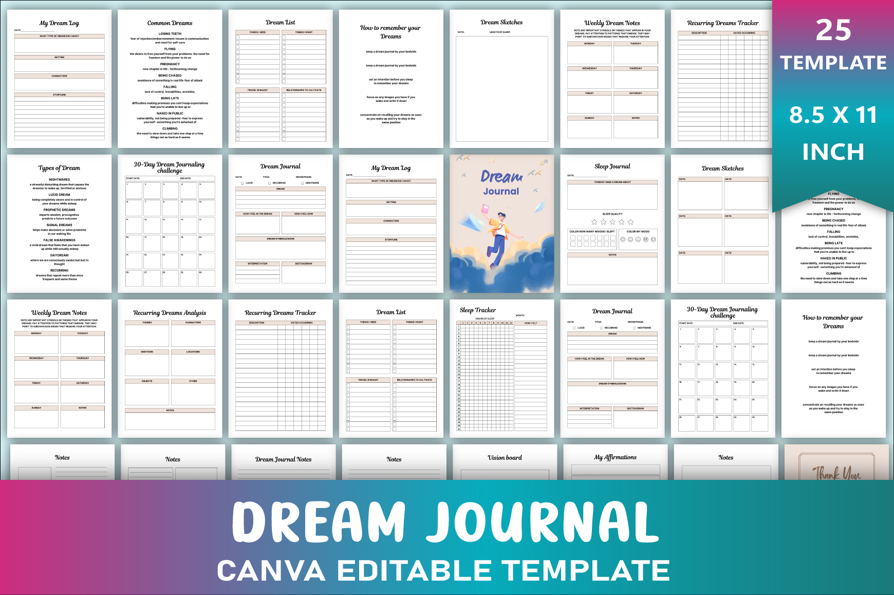 dream journal templates: 25-Page Canva Dream Journal by KDP GALLERY original product preview