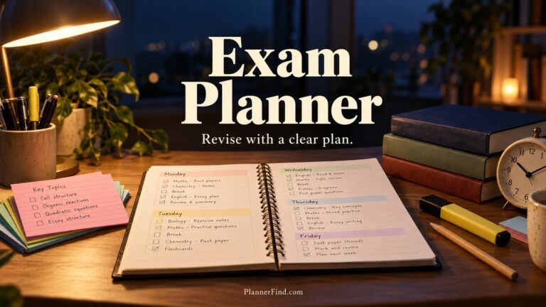Exam Planner with a revision notebook, index cards, textbooks and a warm study lamp
