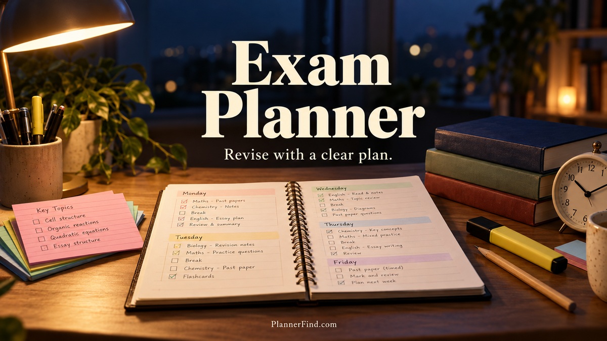 Exam Planner with a revision notebook, index cards, textbooks and a warm study lamp