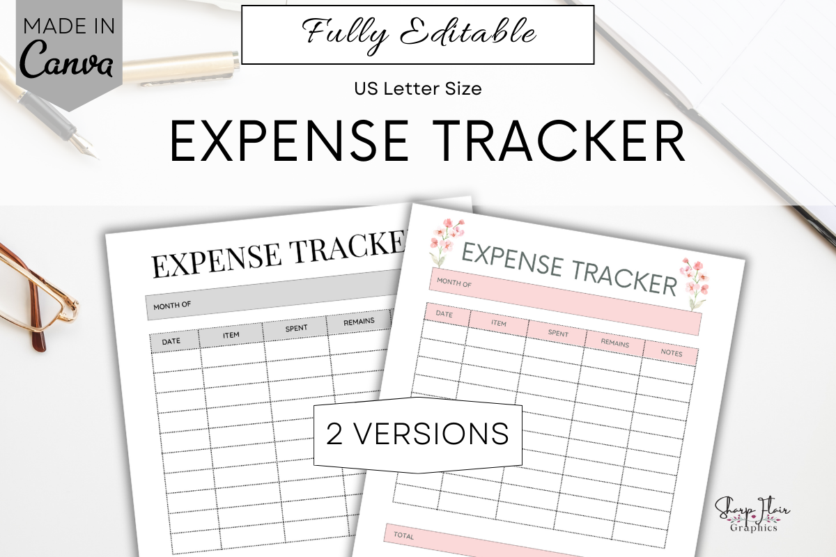 Expense Tracker: Sharp Flair Graphics: Two Editable Expense Sheets
