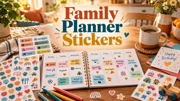 Family Planner Stickers with realistic planner and themed stationery