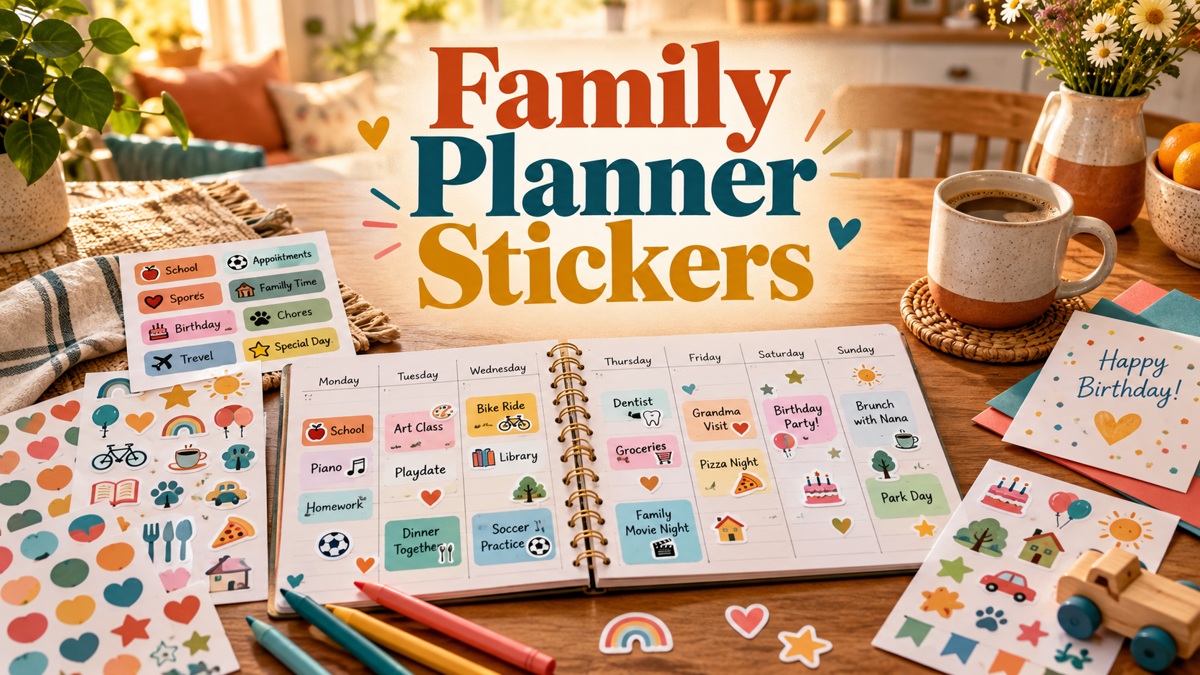 Family Planner Stickers with realistic planner and themed stationery