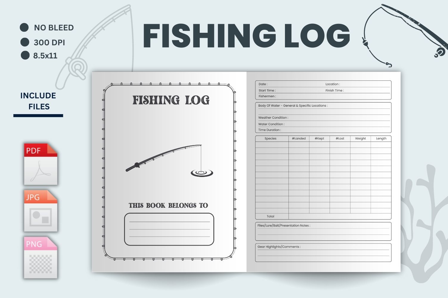 Fishing Log Book: Printable Letter-Size Fishing Record with Raster Files original product preview