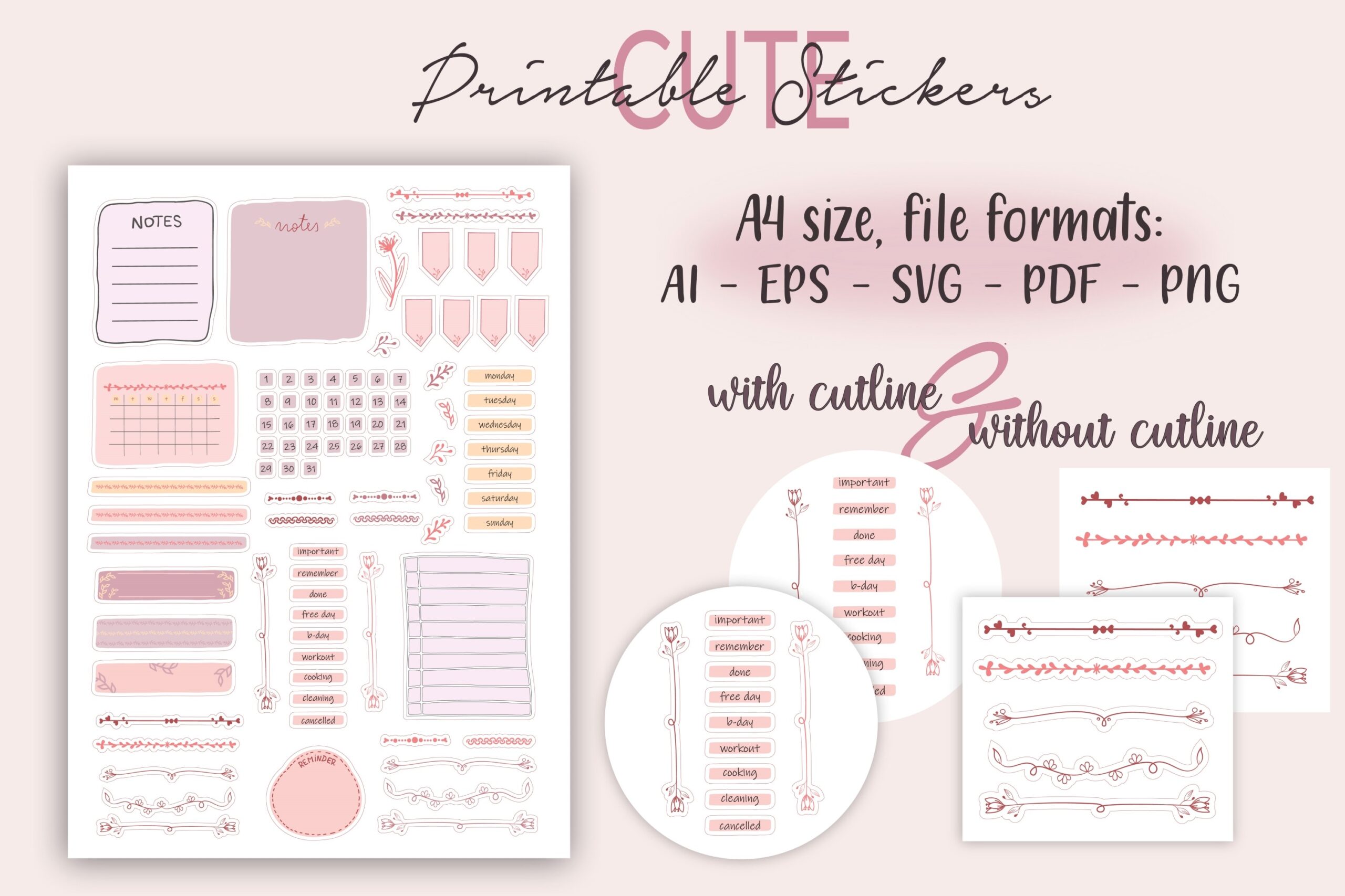 Functional Planner Stickers: Bullet Journal Planner Sticker Sheet with 25 Individual PNGs