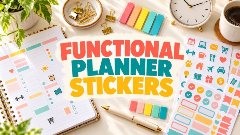Functional Planner Stickers on a realistic themed planning workspace