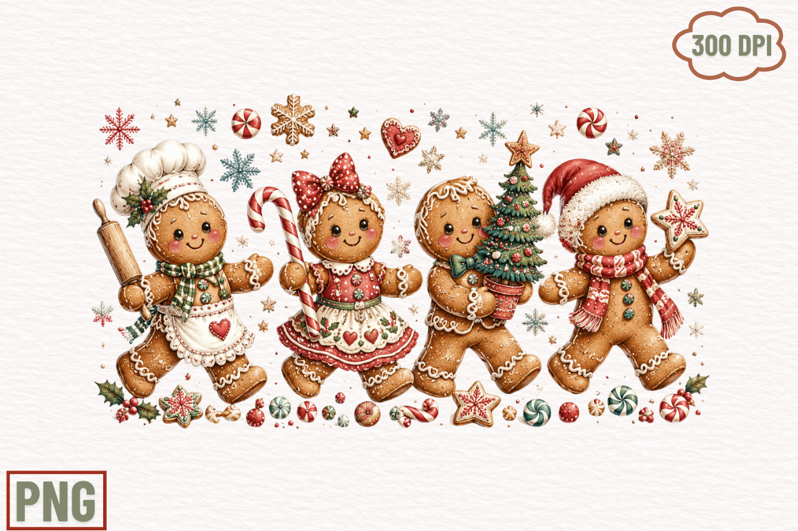 gingerbread stickers: Four Festive Cookie Figures in One PNG Composition original product preview