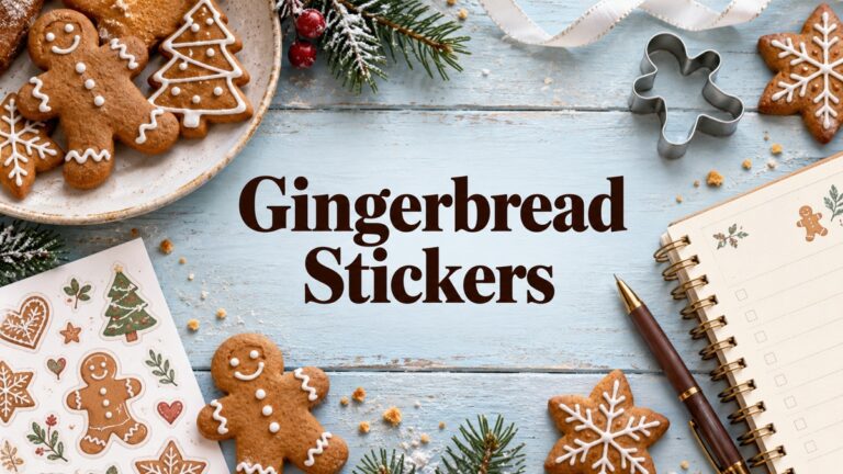 Christmas planner and gingerbread sticker crafting supplies on an icy blue desk