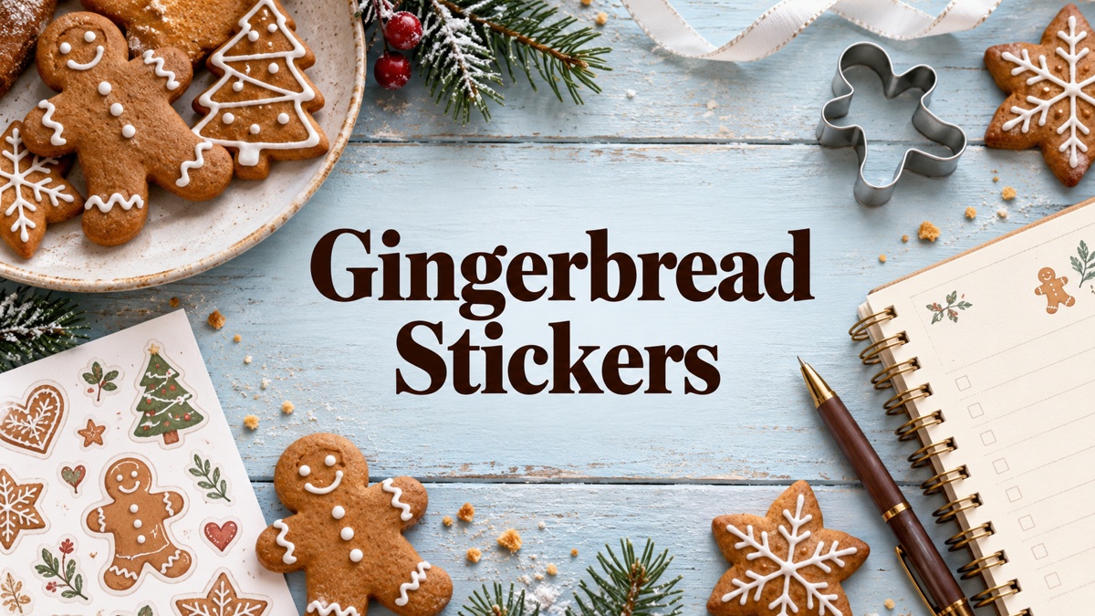 Christmas planner and gingerbread sticker crafting supplies on an icy blue desk