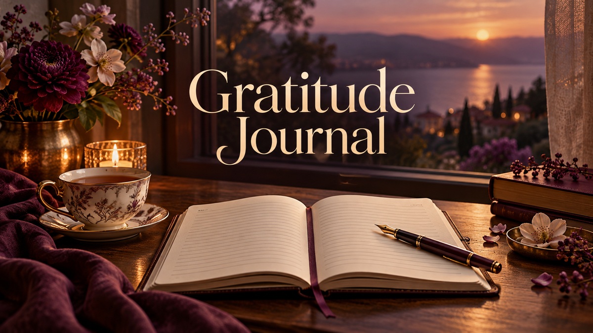 Gratitude Journal cover with realistic journal and themed objects