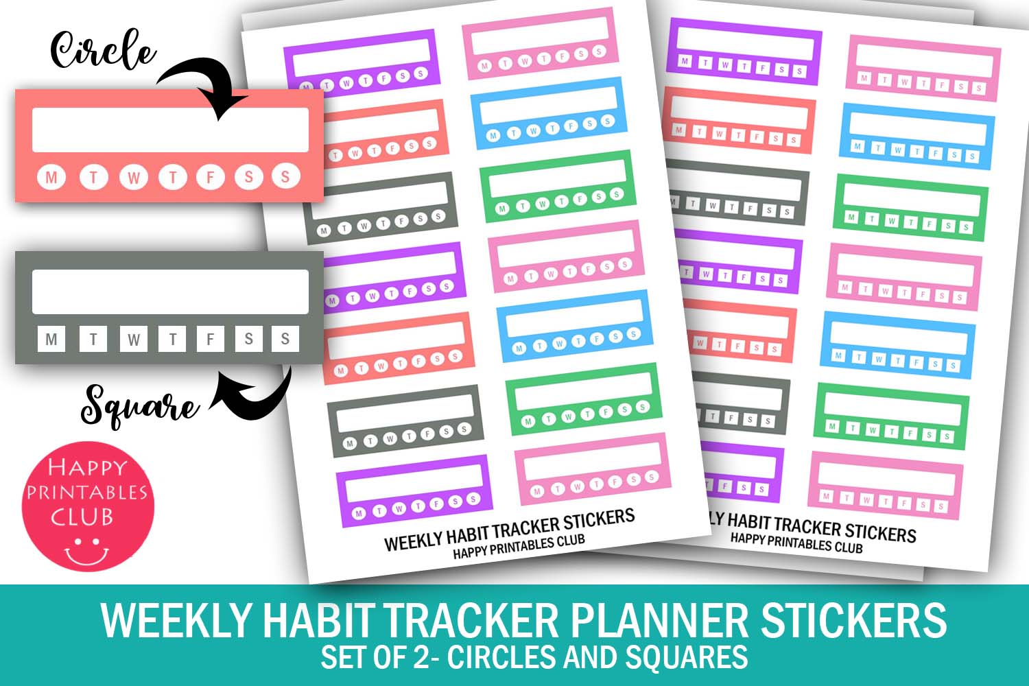 Habit Tracker Stickers: Circle and Square Weekly Habit Trackers