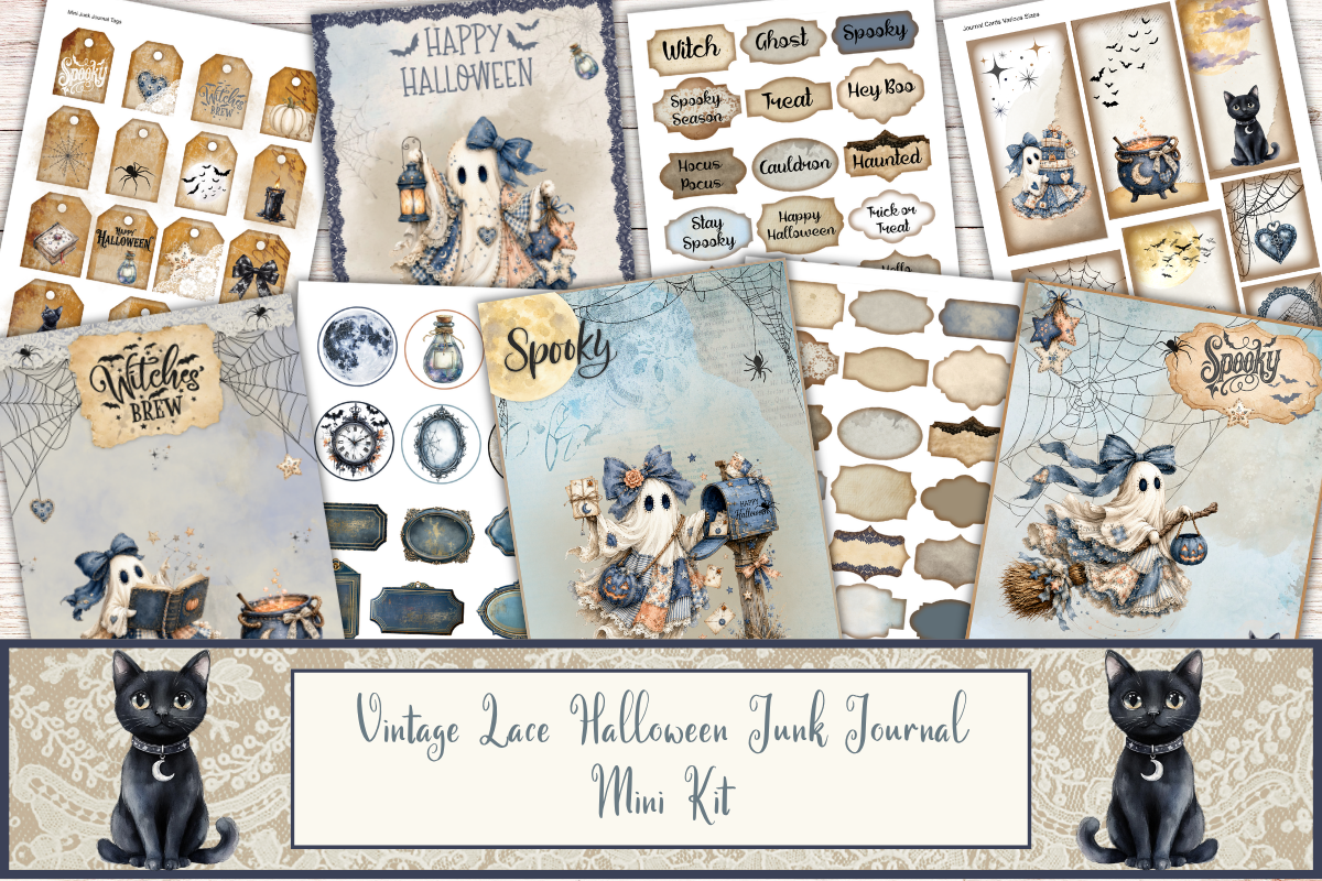halloween journal: Four Halloween Backgrounds with Vintage Lace Tags original product preview