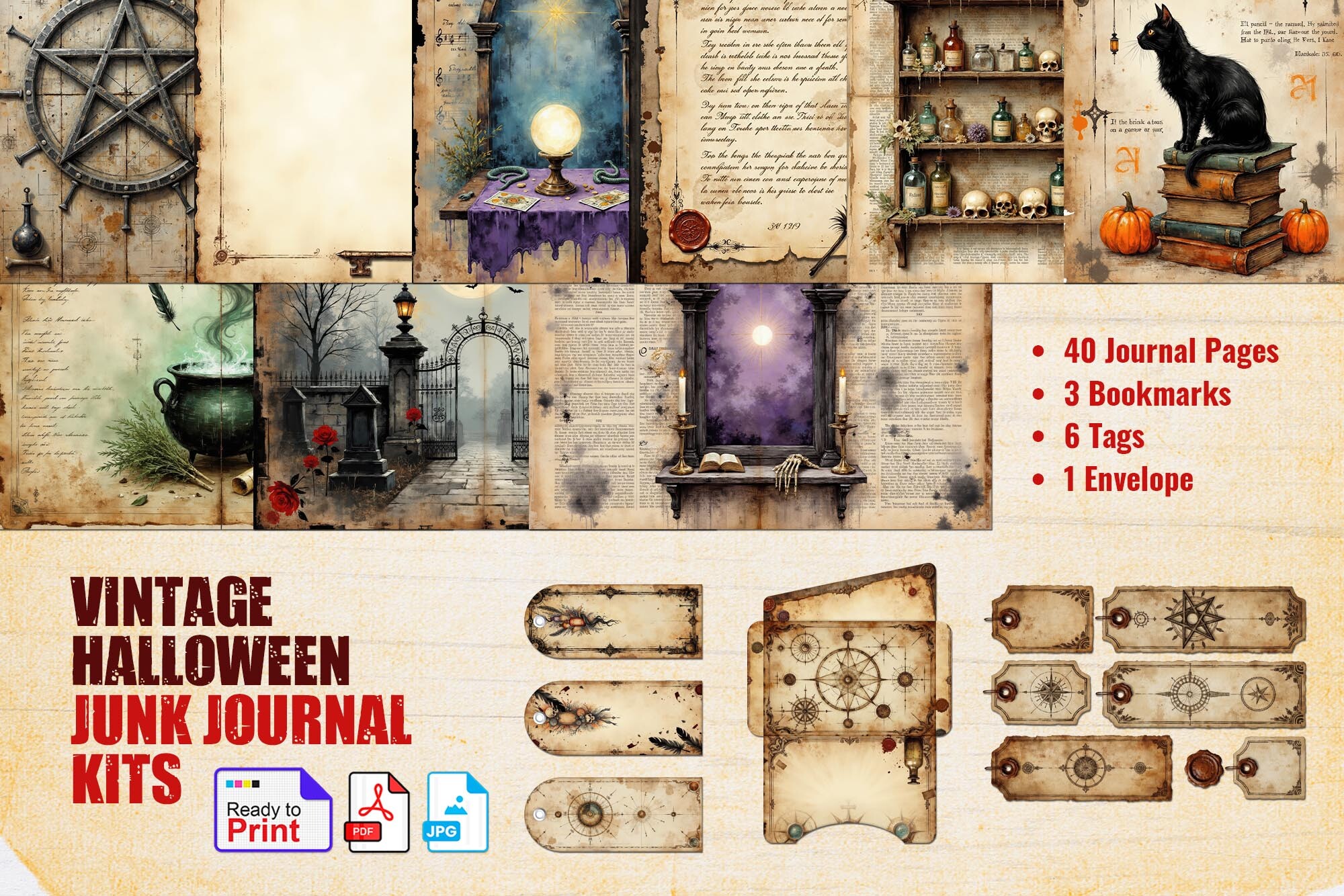 halloween journal: Forty Gothic Grimoire Pages with Tags and Bookmarks original product preview