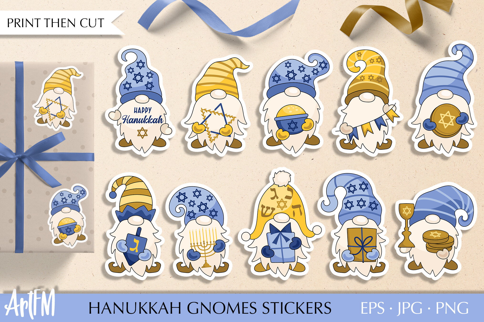 hanukkah stickers: Ten Blue Hanukkah Gnomes with Sheets and Separate PNGs original product preview