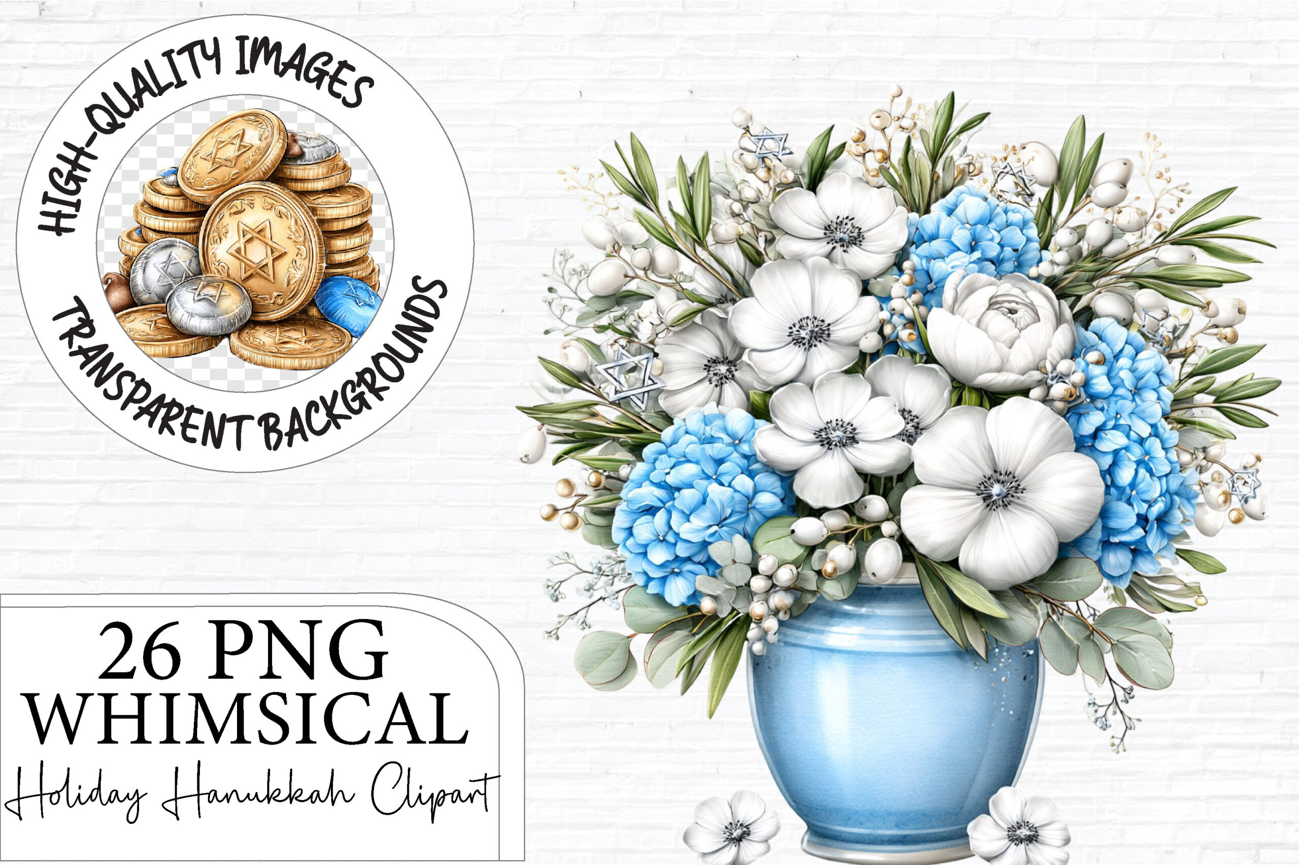 hanukkah stickers: Twenty-Six Blue, White and Gold Holiday PNG Designs original product preview