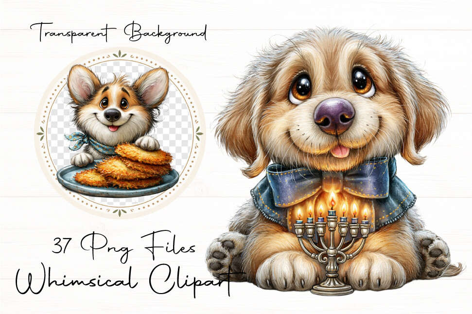 hanukkah stickers: Thirty-Seven Hanukkah Dog PNGs with Transparent Backgrounds original product preview