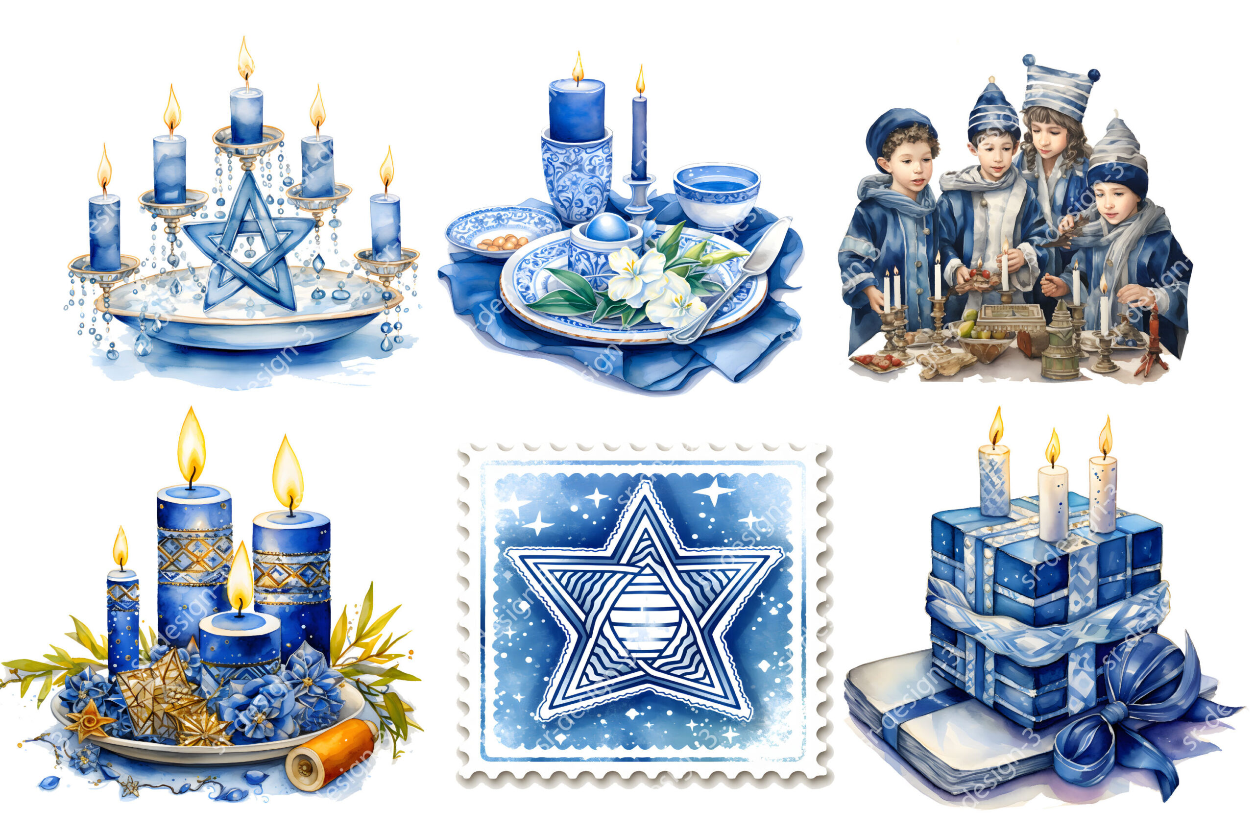 hanukkah stickers: Forty-Five Watercolor PNGs at Five-Thousand-Pixel Resolution original product preview