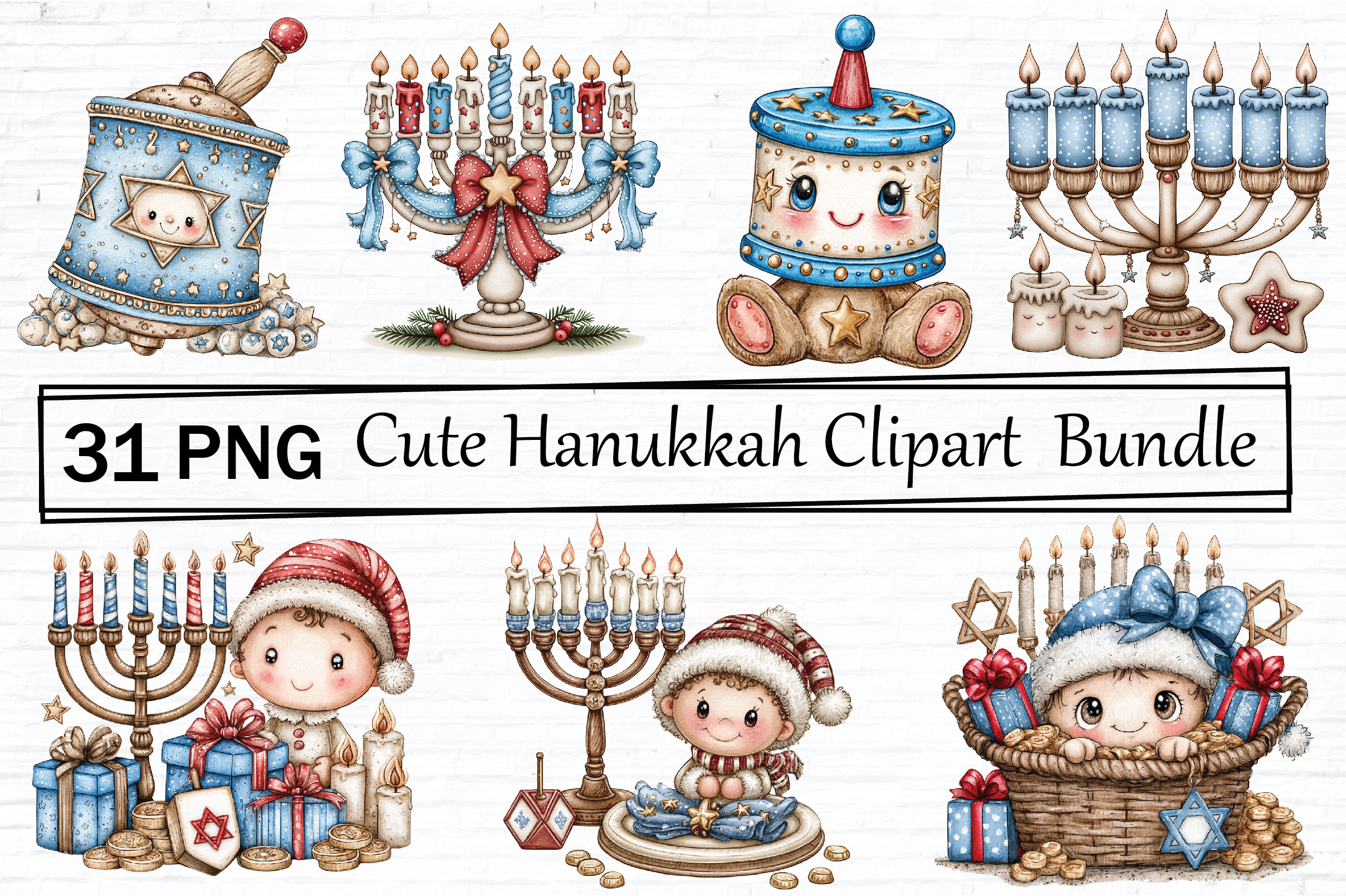 hanukkah stickers: Thirty-One Playful Hanukkah PNGs in Blue, Red and Gold original product preview
