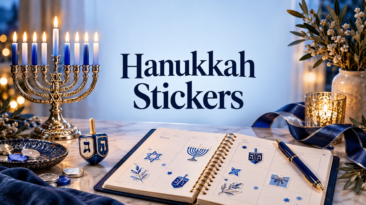 hanukkah stickers with realistic planners and thematic accessories