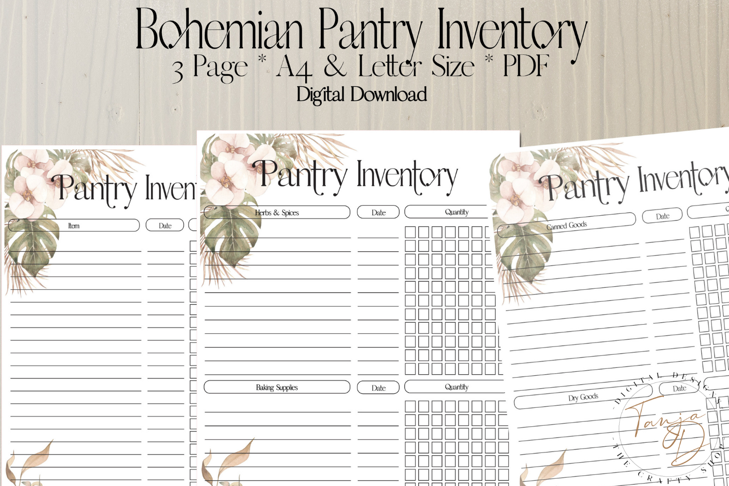holiday pantry inventory: Bohemian Pantry Inventory PDFs with Fillable Item Columns original product preview