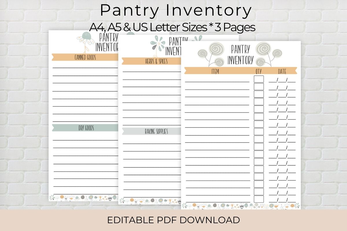 holiday pantry inventory: Floral Fillable Pantry Pages in A4, A5, and US Letter original product preview