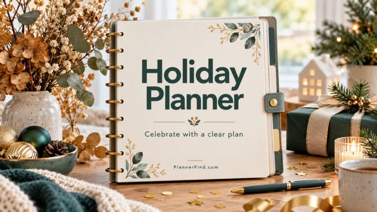 Holiday Planner binder with autumn foliage and festive gifts