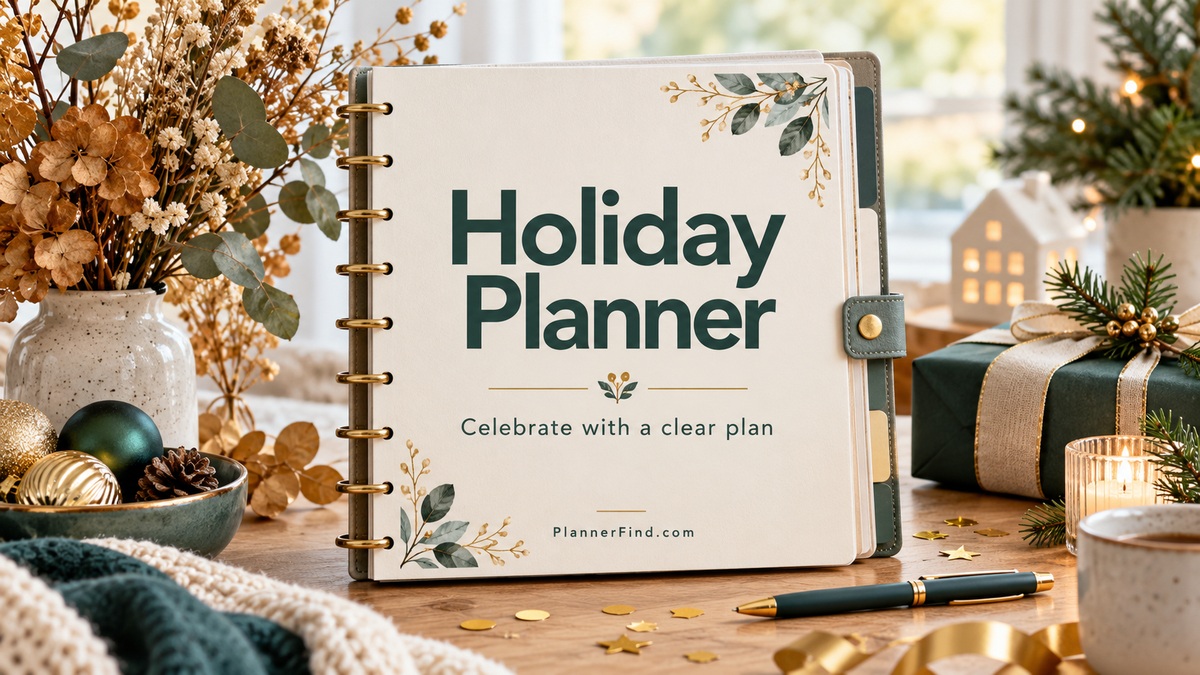 Holiday Planner binder with autumn foliage and festive gifts
