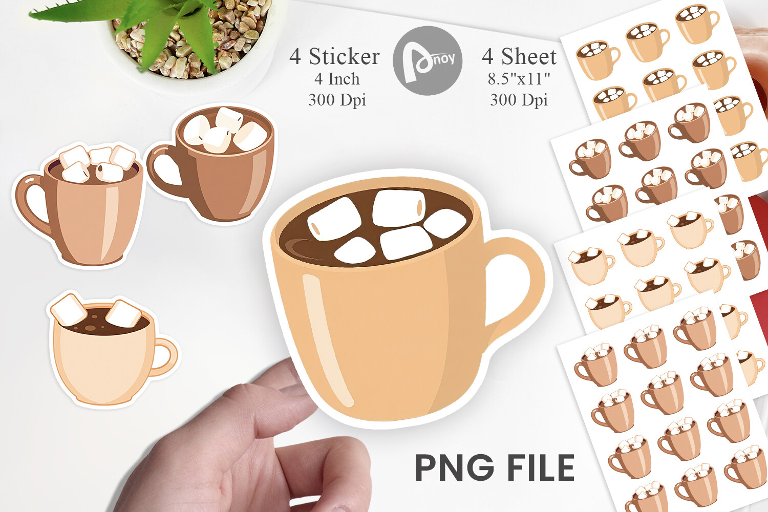 Hot Chocolate Stickers: Four Simple Cocoa Cups with Prepared PNG Sheets original product preview