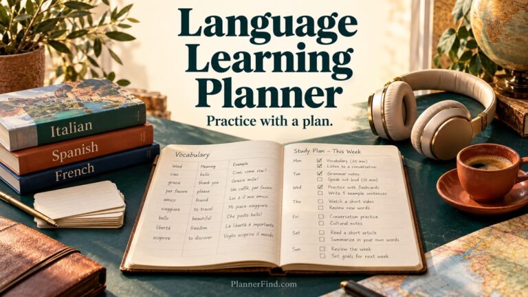 Language Learning Planner with realistic planners and themed accessories