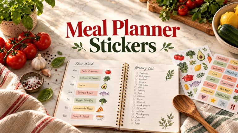 Meal Planner Stickers with realistic planner and themed stationery