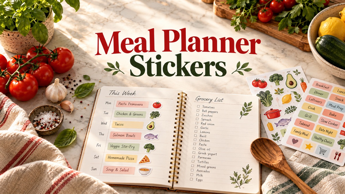 Meal Planner Stickers with realistic planner and themed stationery