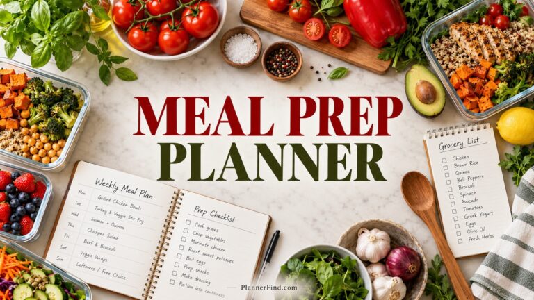 Meal Prep Planner with realistic planners and themed objects