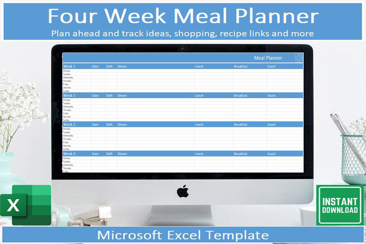 Meal Prep Planner — Four Week Meal Planner Excel by veritastemplates