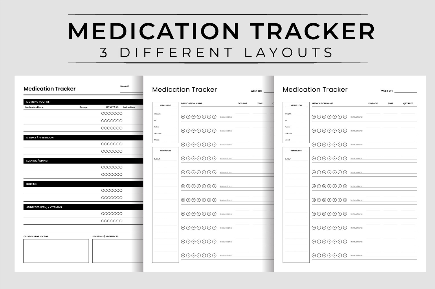 medication tracker: Three Repeated Medication-Log Layouts in Printable PDFs original product preview