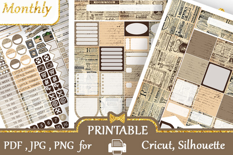 Monthly Planner Stickers: Big Planner Newspaper Vintage Monthly Kit